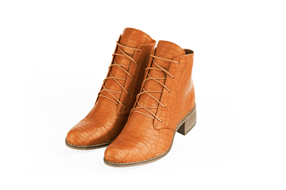Apricot orange women's booties with laces at the front. Round toe. Low leather soles - Florence KOOIJMAN